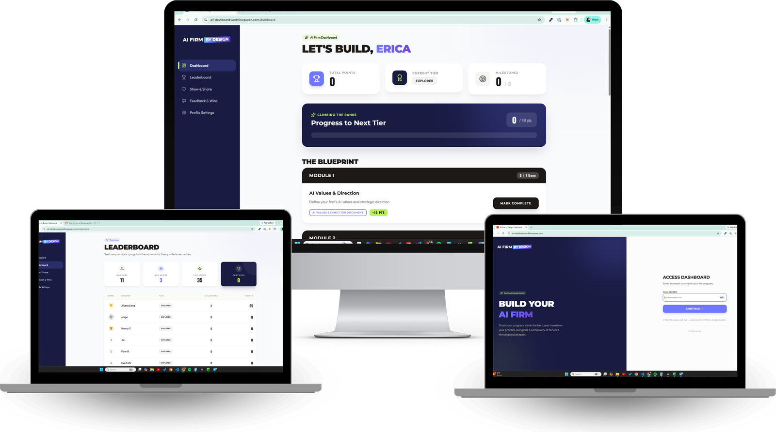 The AI Firm Dashboard: your points, tier, and milestones on desktop, with the community leaderboard on a laptop