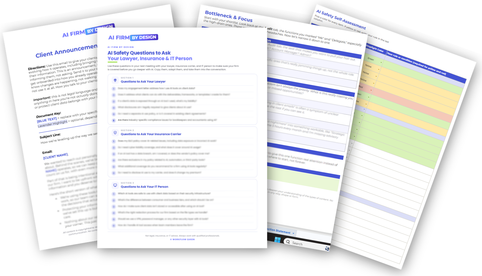 Templates and worksheets from inside the course: the client announcement email template, the AI safety questions for your lawyer, insurance carrier, and IT person, the Bottleneck and Focus worksheet, and the AI Safety Self-Assessment