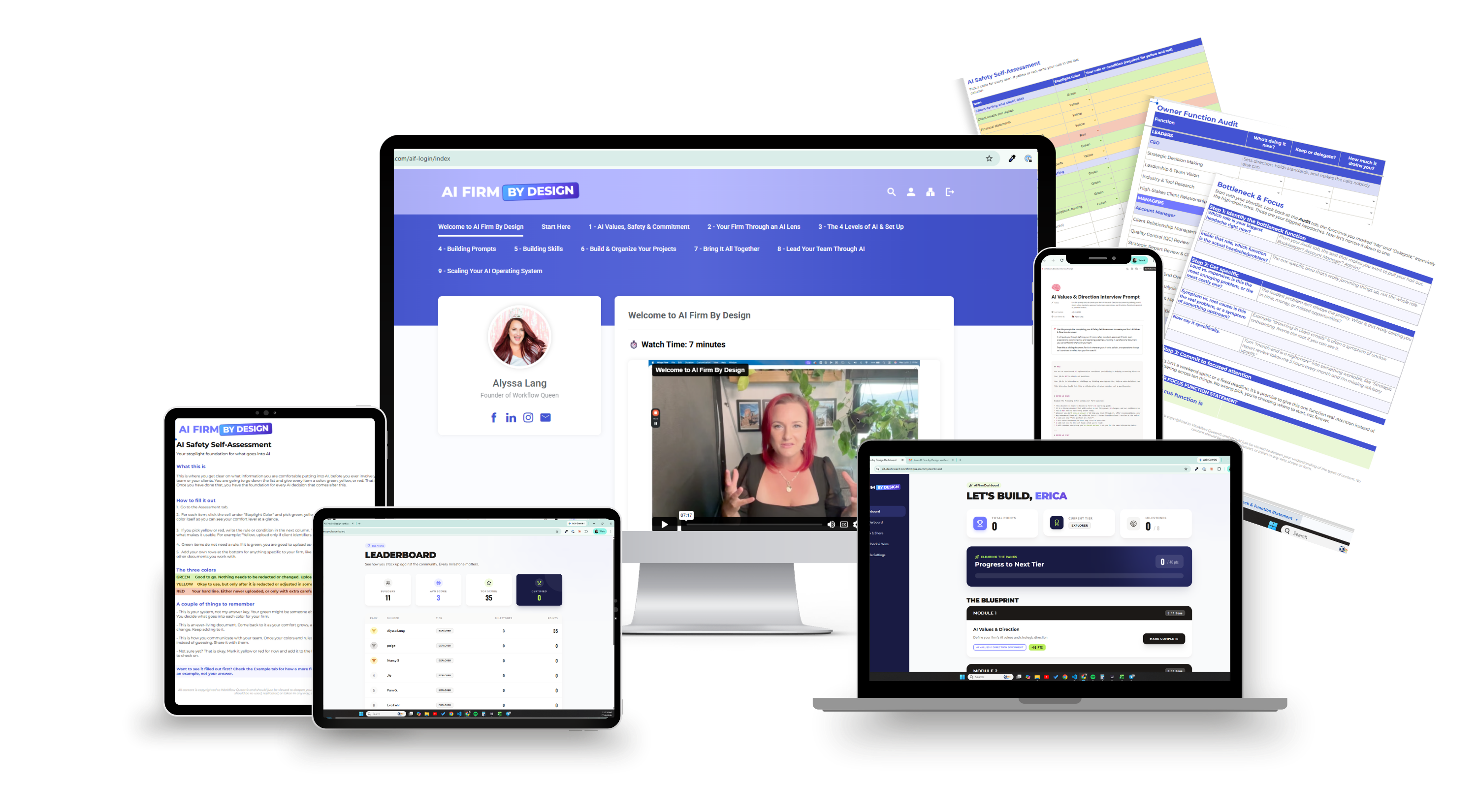 A look inside AI Firm By Design: the course portal, AI Firm Dashboard, safety self-assessment, and printed worksheets across desktop, laptop, tablet, and phone